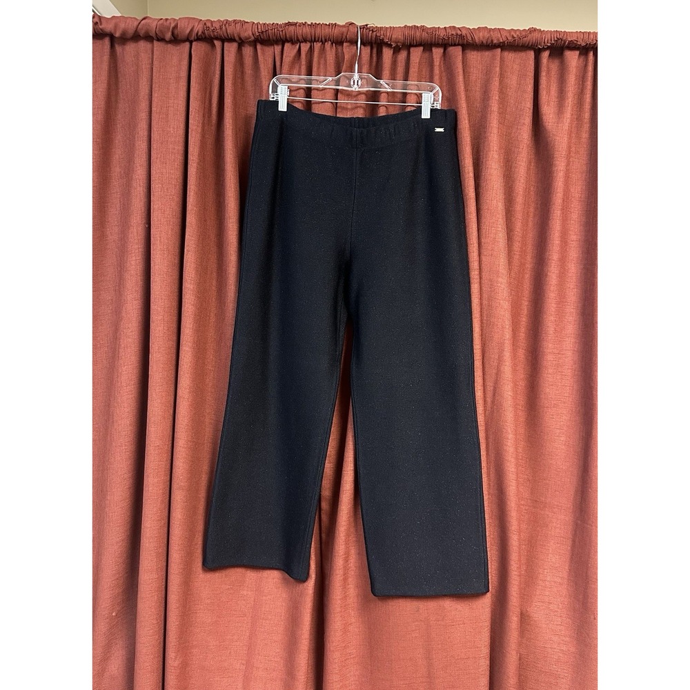 St John Black Metallic Sparkle Pants Wide Leg Pull-On Size Large Wool Blend